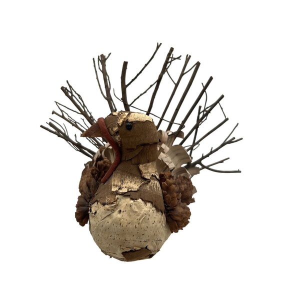 Vintage Handmade Set Rustic Turkey Figurines Bark Pinecone Folk Art Thanksgiving - Picture 13 of 16